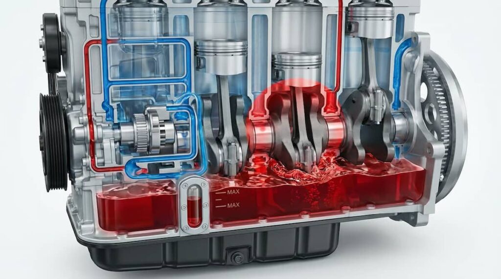 Diagrama tehnica care arata nivelul excesiv de ulei in carter si efectul asupra arborelui cotit