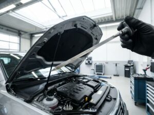 Imagine cu joja de ulei extrasa din motor, aratand clar marcajele de nivel minim si maxim