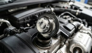 Imagine macro cu spuma alba pe capacul de umplere cu ulei motor