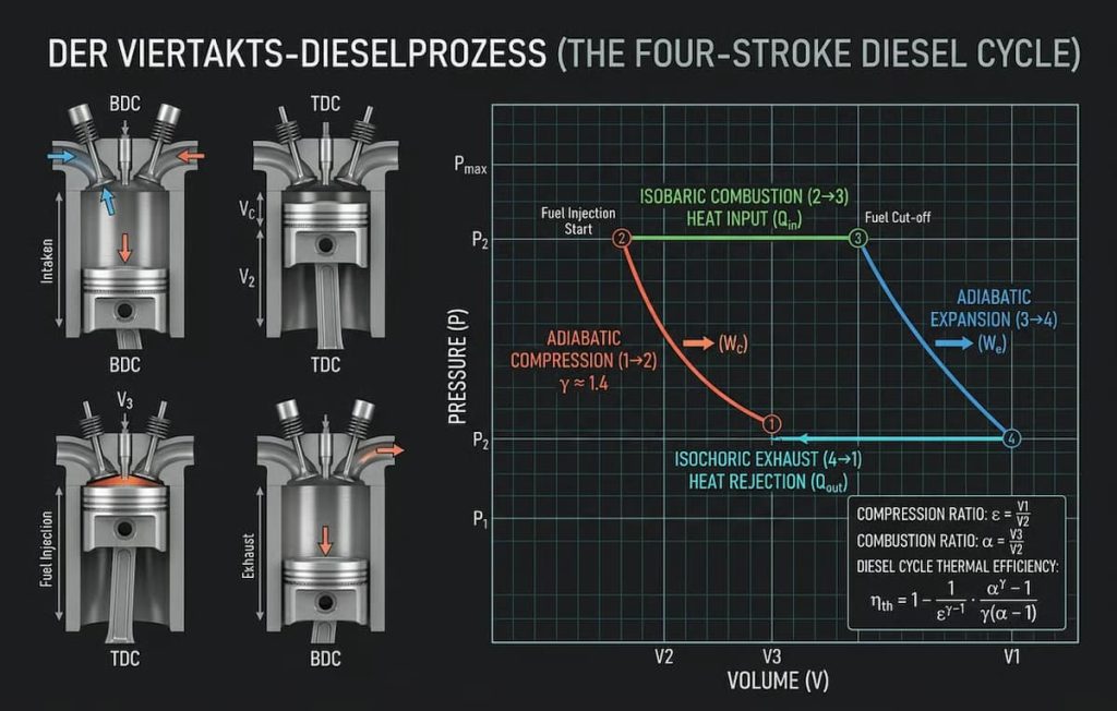 Diagrama P-V a ciclului diesel cu cele patru transformari termodinamice si pozitiile pistonului