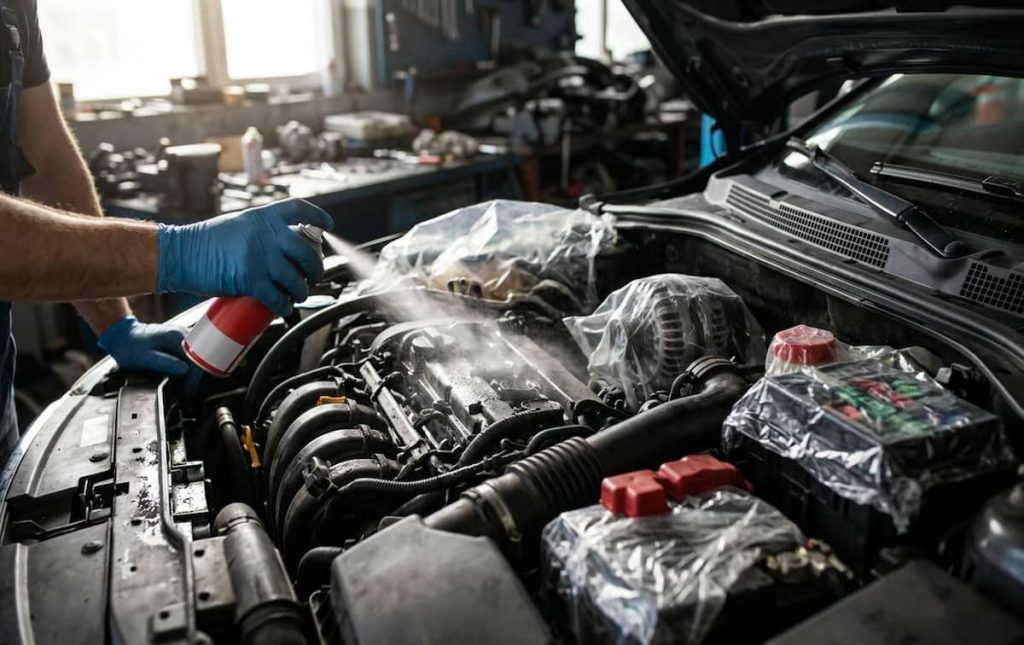 Aplicarea corecta a degresantului pe motor benzina cu protectia componentelor electrice