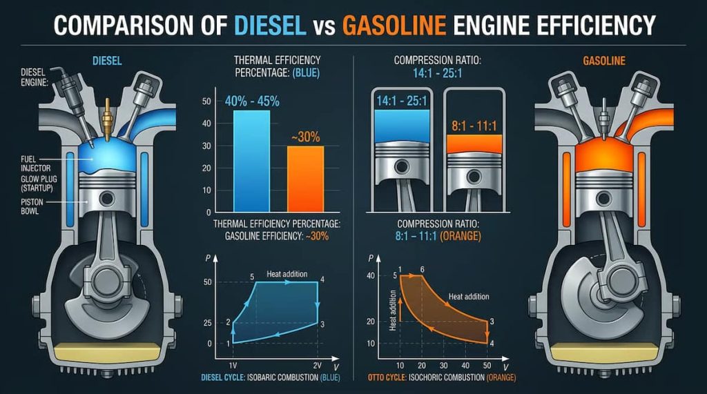 Infografic comparativ intre eficienta motorului diesel si benzina cu date tehnice si diagrame