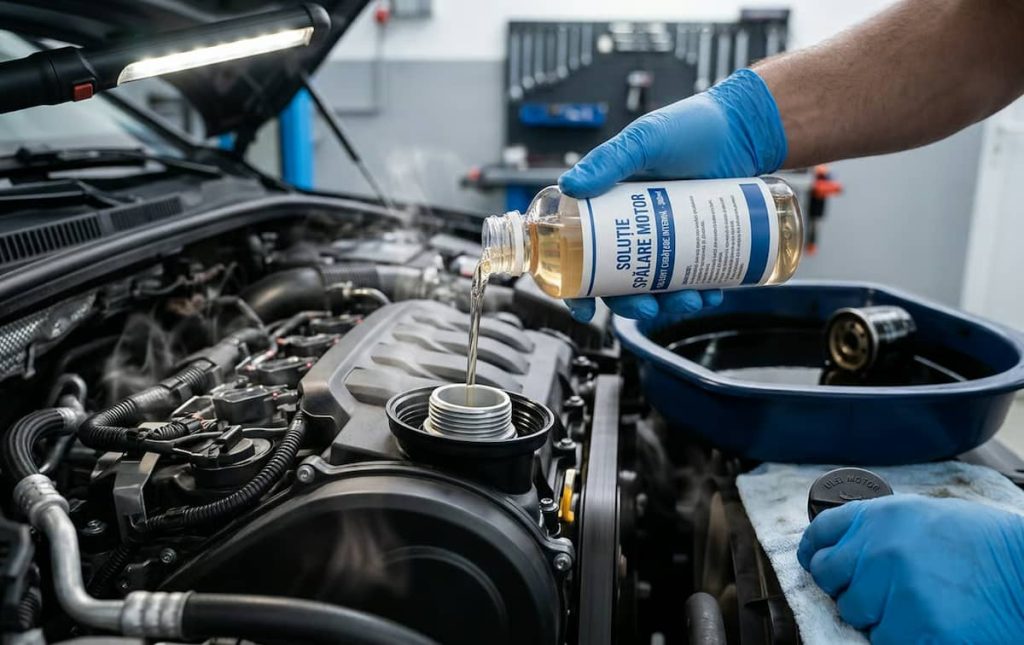 Adaugarea solutiei de engine flush in motor pentru curatarea interna a sistemului de ungere