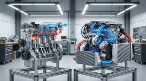 Ilustratie tehnica comparativa cu diferentele structurale intre un motor aspirat si unul turbo