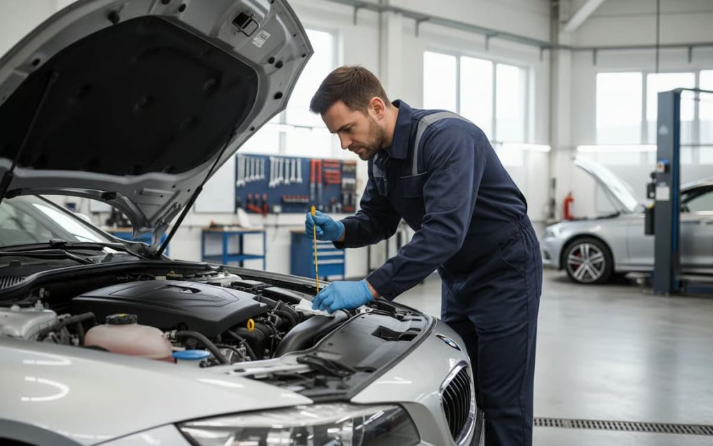 Mecanic verificand nivelul uleiului de motor al unei masini intr-un service auto