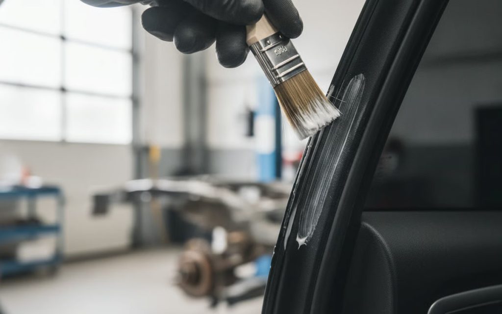 Detaliu cu aplicarea vaselinei siliconice pe o garnitura de cauciuc auto