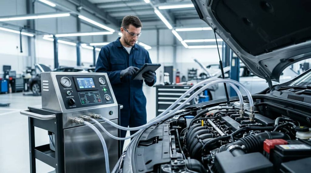 Echipament de decarbonizare cu hidrogen conectat la admisia unui motor in service auto