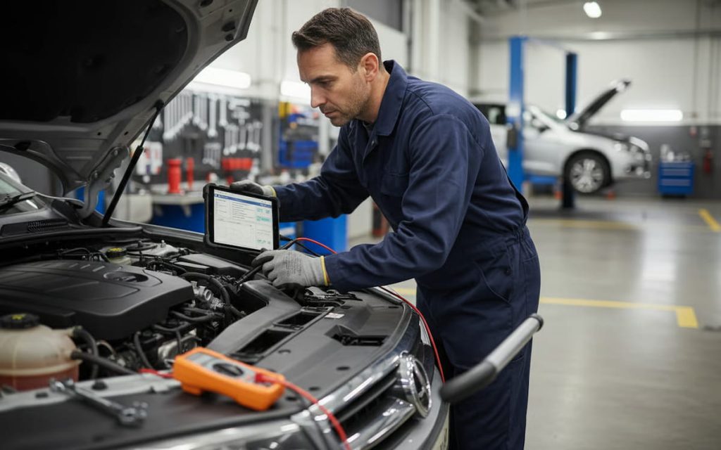 Mecanic profesionist diagnosticand starea motorului unui autoturism in service